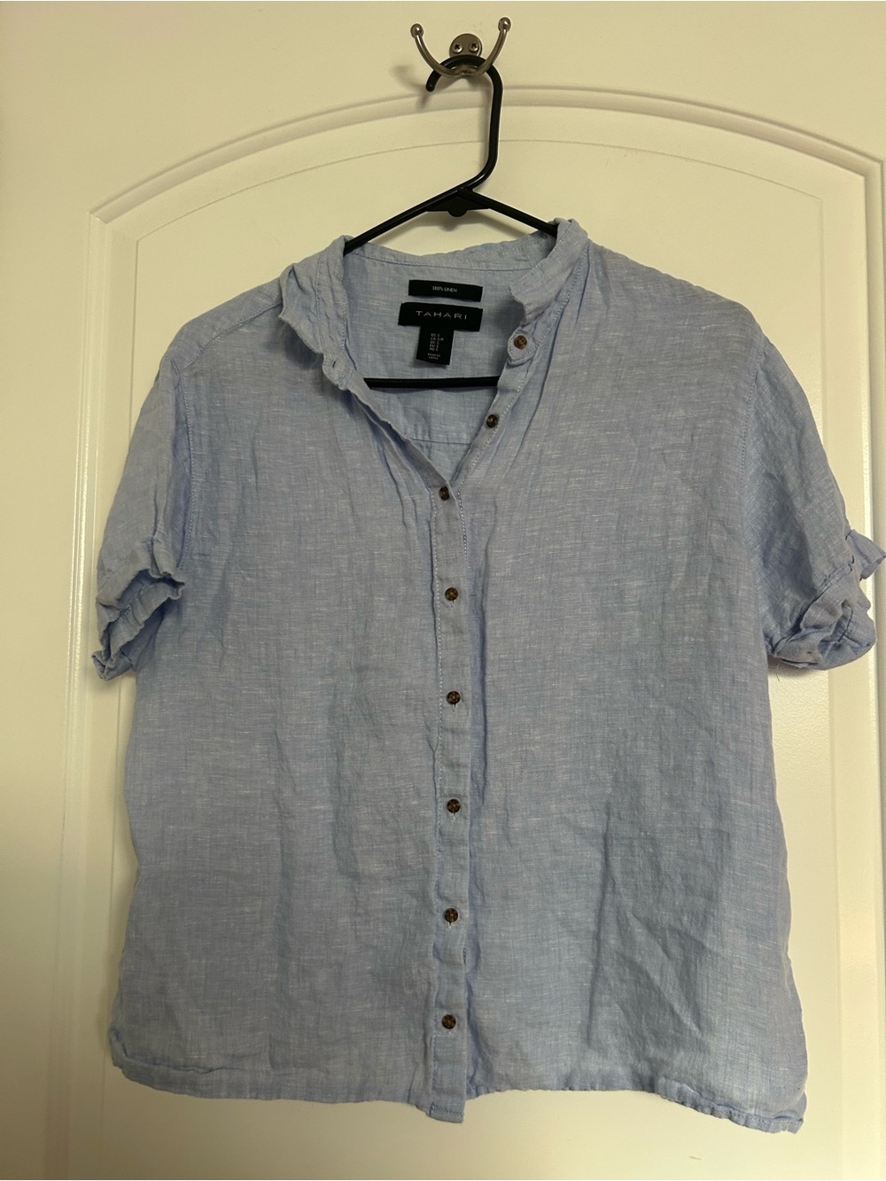 Tahari 100% Linen Short-Sleeve Button Down Shirt Size S Chic Coastal Boho Preppy